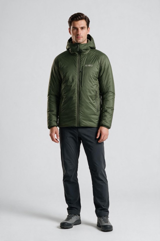 Aktse Insulated in deep moss, worn by a model, studio product shot on a seamless neutral ground