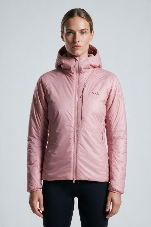 Aktse Insulated Rose in pale rose pink, worn by a model, studio product shot on a seamless neutral ground