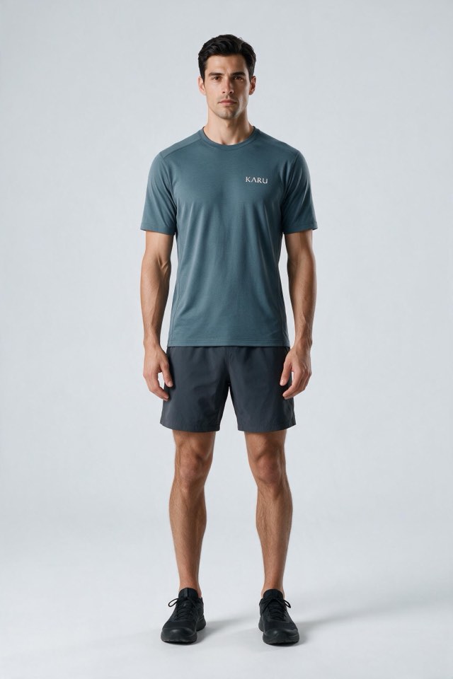 Hetta Tee in slate blue-grey, worn by a model, studio product shot on a seamless neutral ground