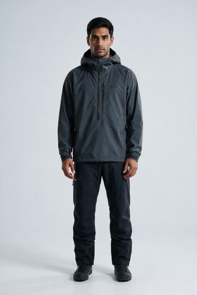 Kårsa Anorak Graphite in dark graphite grey, worn by a model, studio product shot on a seamless neutral ground