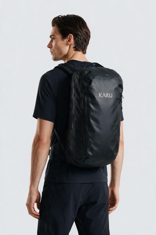 Kvikkjokk 65 pack in night black, worn on the back, studio product shot on a seamless neutral ground