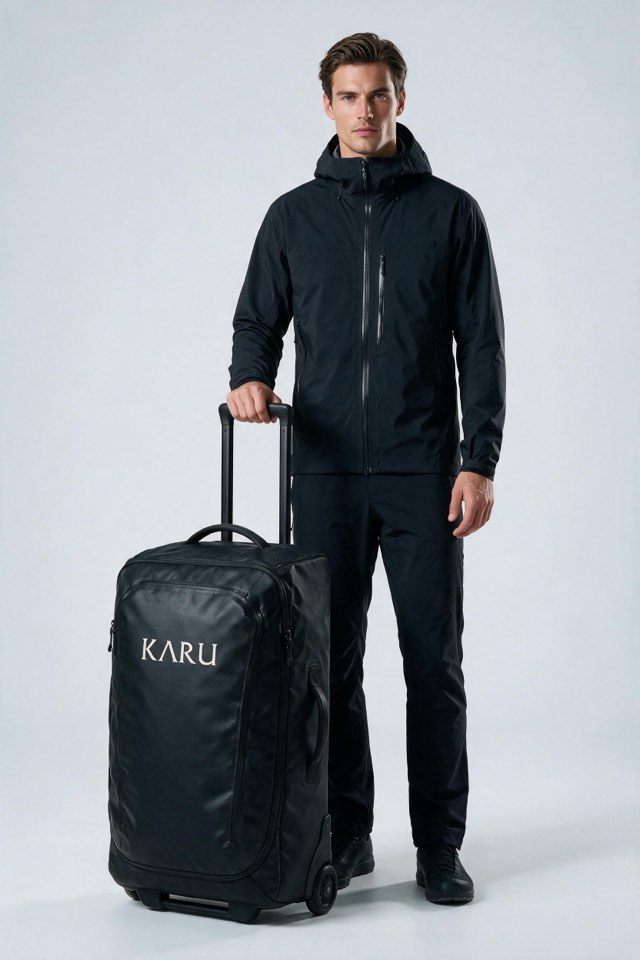 Kvikkjokk Roller 90 pack in night black, worn on the back, studio product shot on a seamless neutral ground