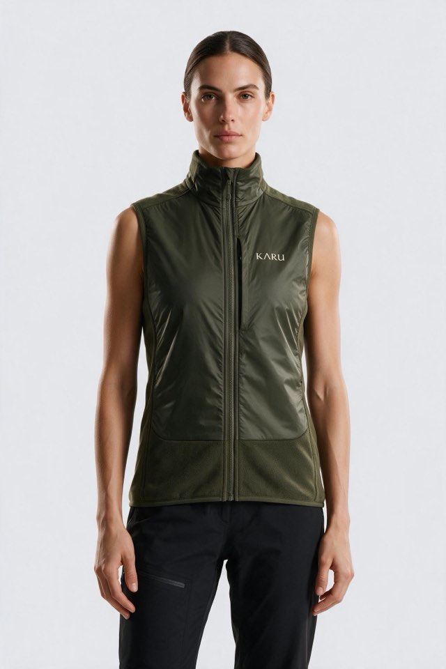 Muddus Vest in deep moss, worn by a model, studio product shot on a seamless neutral ground