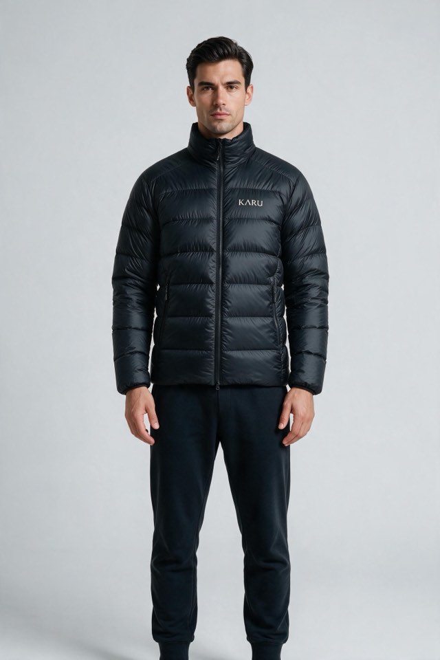 Nallo Down in night black, worn by a model, studio product shot on a seamless neutral ground