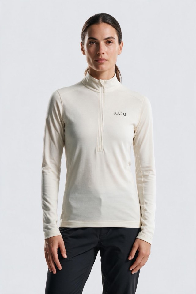 Njulla Longsleeve in bone, worn by a model, studio product shot on a seamless neutral ground