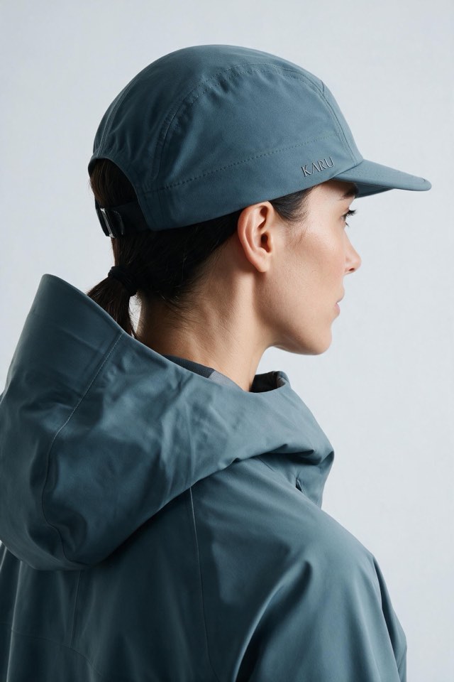 Ounas Cap in slate blue-grey, worn by a model, studio product shot on a seamless neutral ground