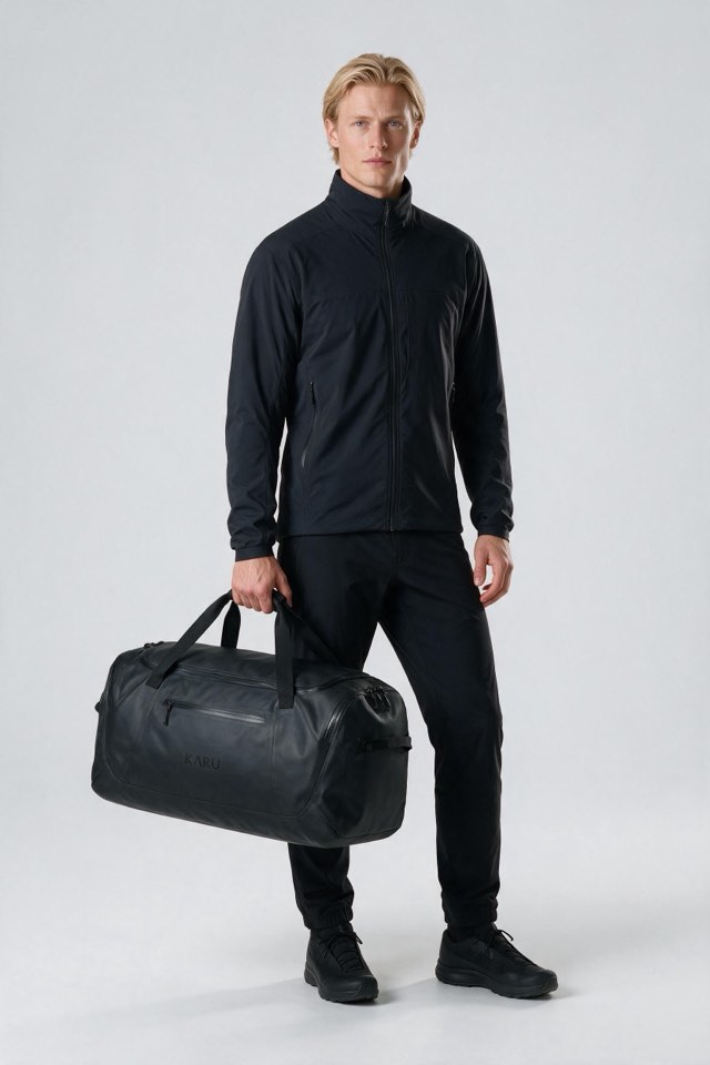 Ritsem Duffel 60 pack in night black, worn on the back, studio product shot on a seamless neutral ground
