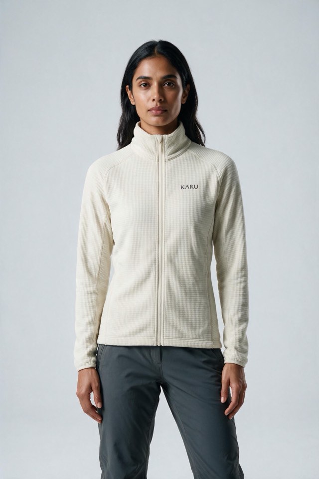 Salto Fleece Ecru in ecru off-white, worn by a model, studio product shot on a seamless neutral ground