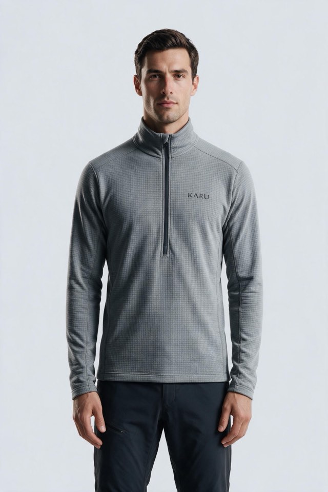 Salto Fleece in ash marl, worn by a model, studio product shot on a seamless neutral ground