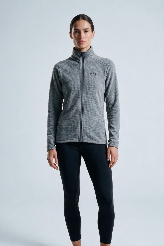 Salto Fleece in ash marl, worn by a model, studio product shot on a seamless neutral ground