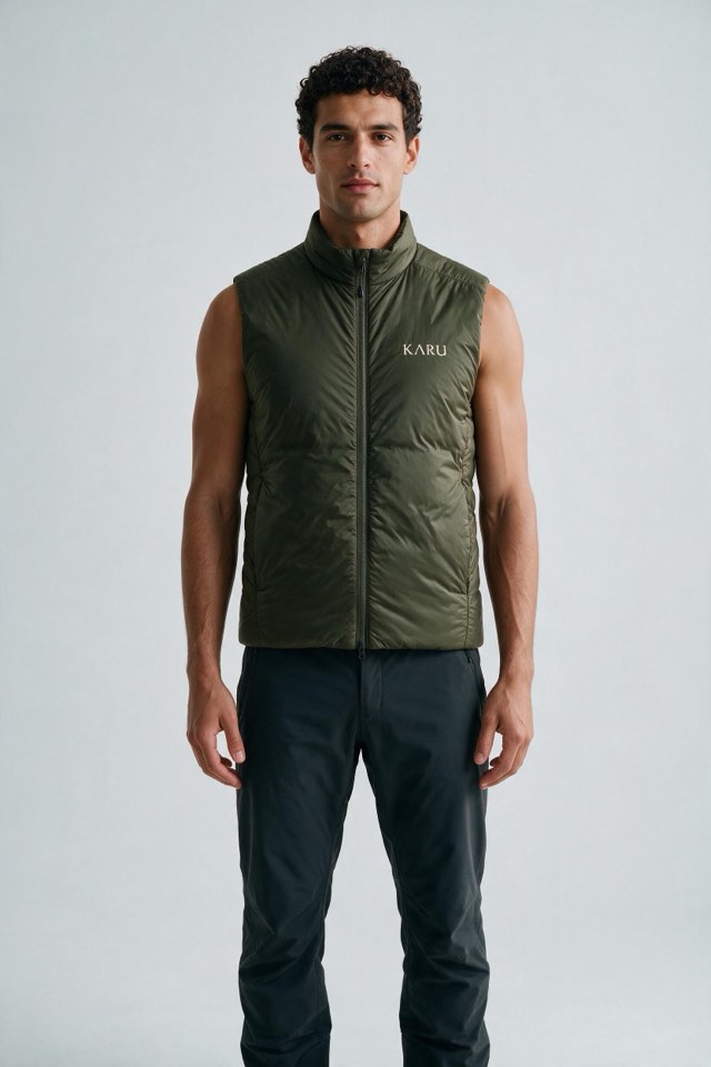 Sitas Vest Olive in dark olive, worn by a model, studio product shot on a seamless neutral ground