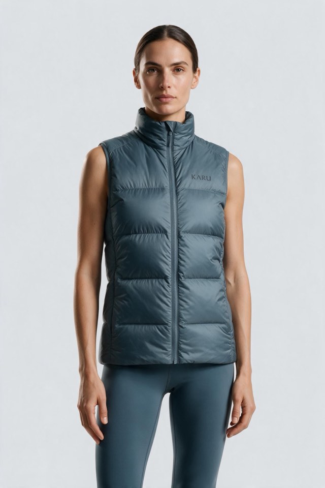 Sitas Vest in slate blue-grey, worn by a model, studio product shot on a seamless neutral ground