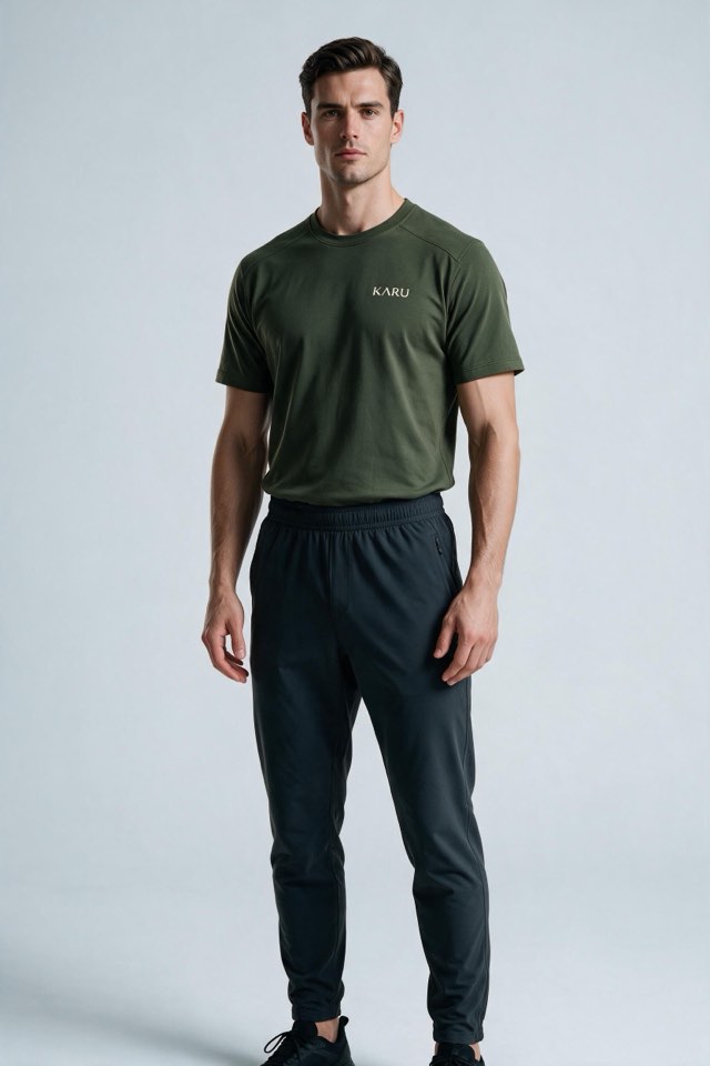 Ylläs Tee in deep moss, worn by a model, studio product shot on a seamless neutral ground