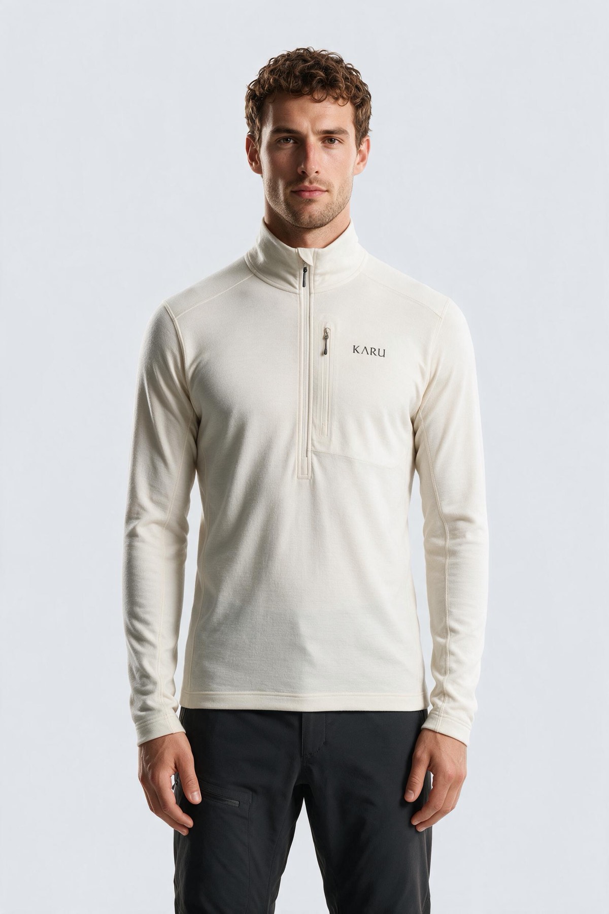Njulla Longsleeve in bone, worn by a model, studio product shot on a seamless neutral ground