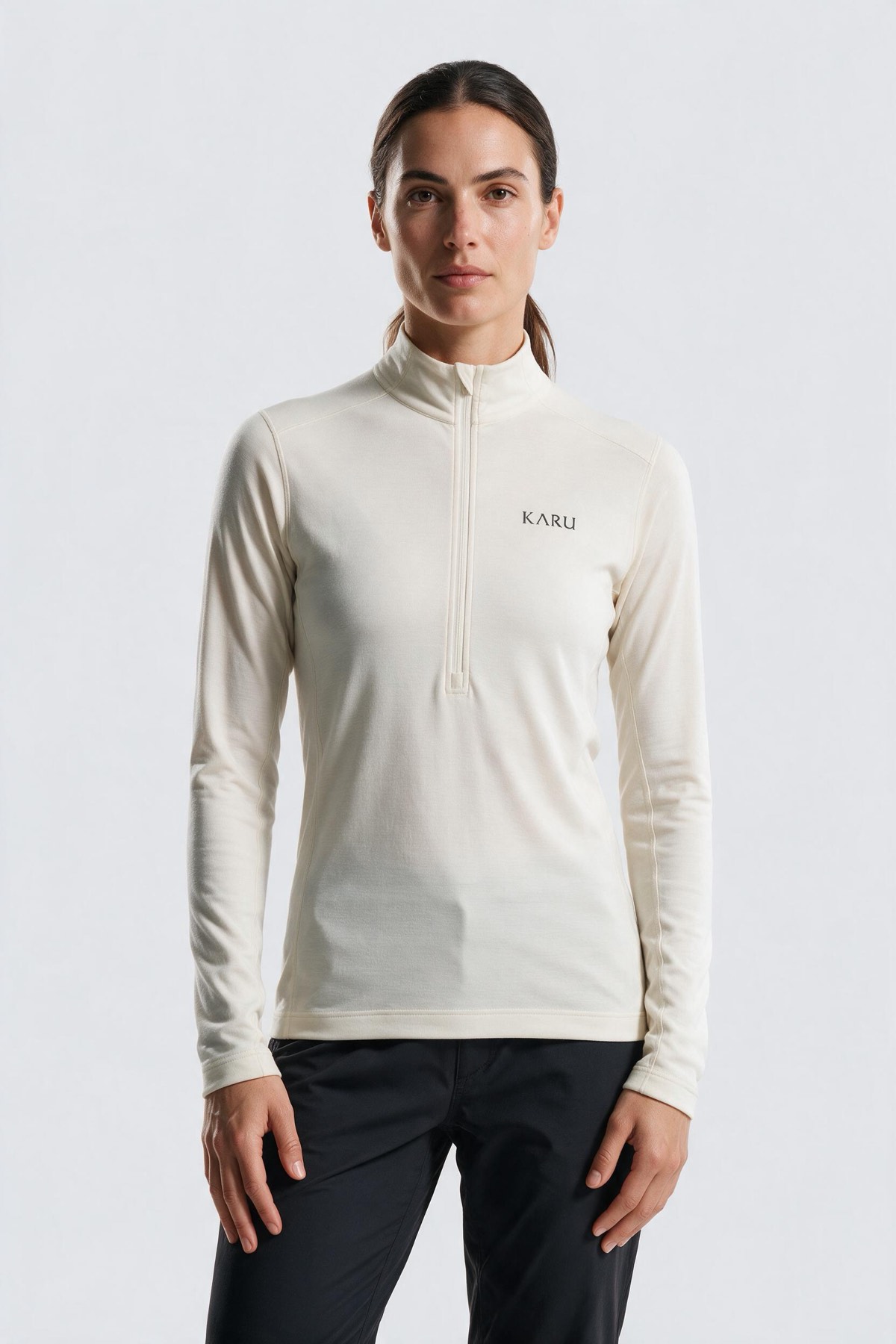 Njulla Longsleeve in bone, worn by a model, studio product shot on a seamless neutral ground