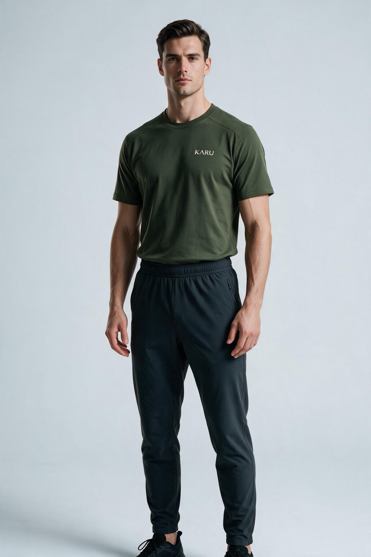 Ylläs Tee in deep moss, worn by a model, studio product shot on a seamless neutral ground